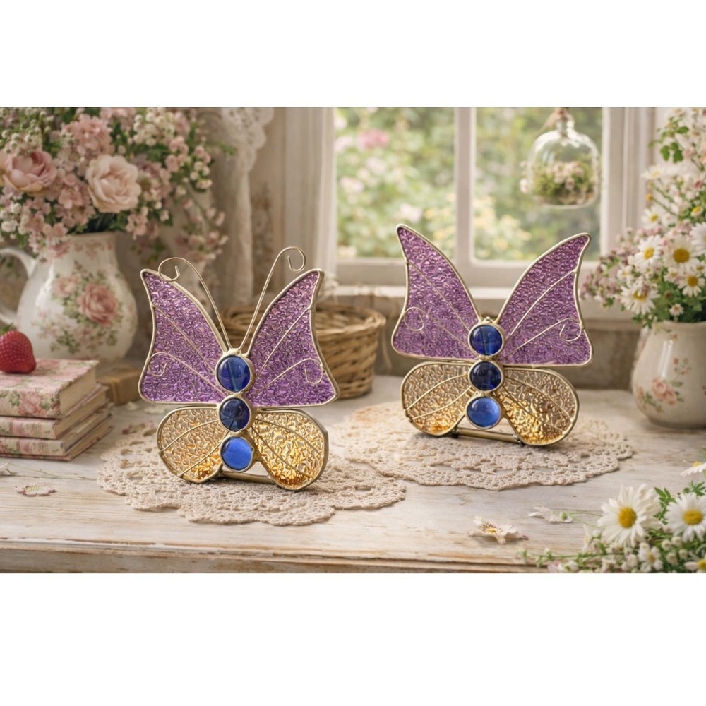 Vintage stain glass Silken Wings porcelain butterfly ornaments decor cottagecore - Picture 1 of 7